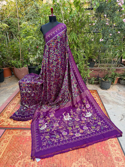 Twill Ikkat With Aari Work Embroidery saree
