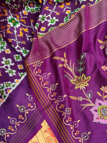 Twill Ikkat With Aari Work Embroidery saree