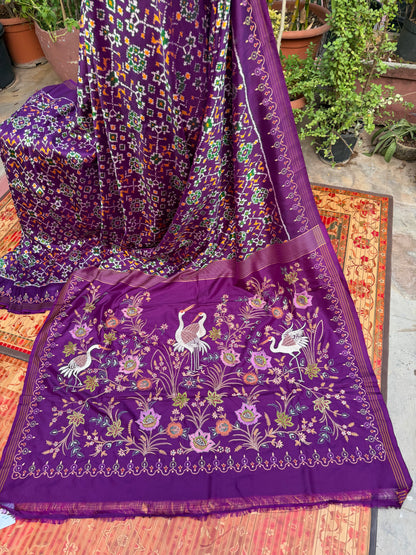 Twill Ikkat With Aari Work Embroidery saree