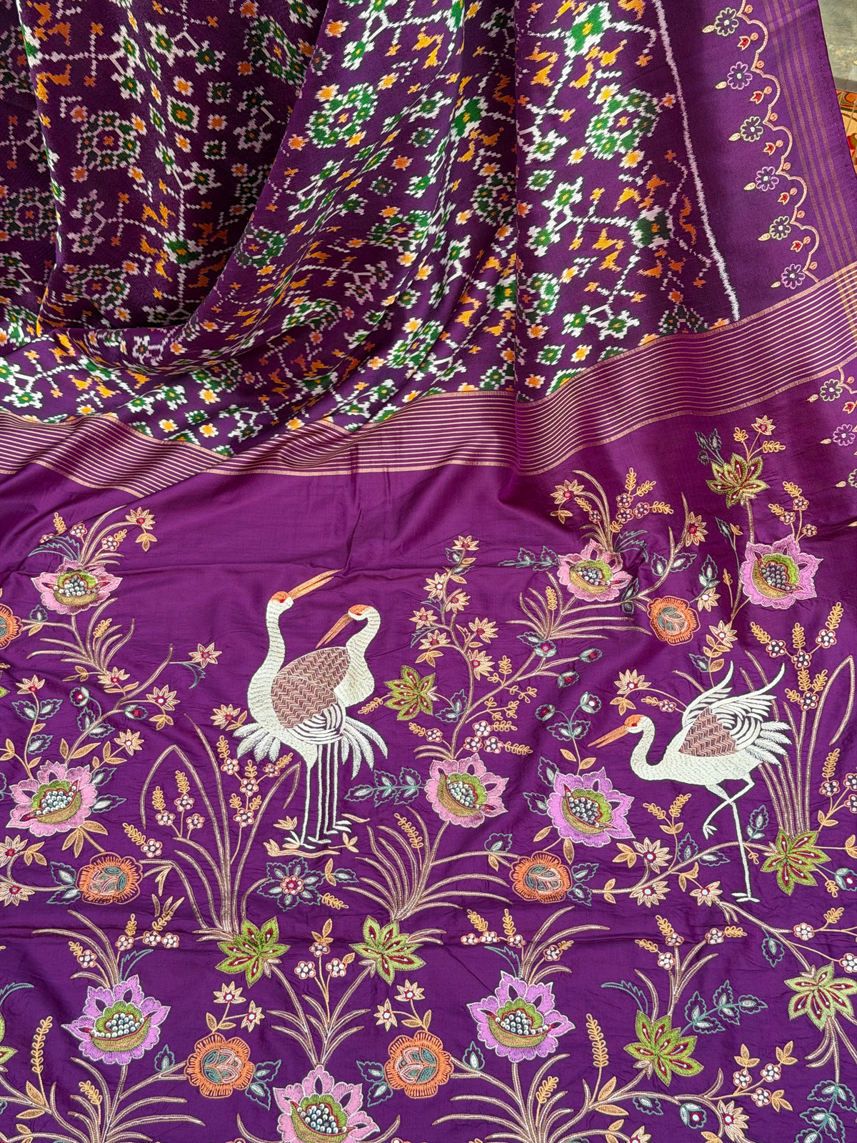 Twill Ikkat With Aari Work Embroidery saree