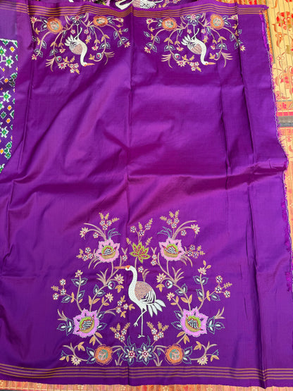 Twill Ikkat With Aari Work Embroidery saree