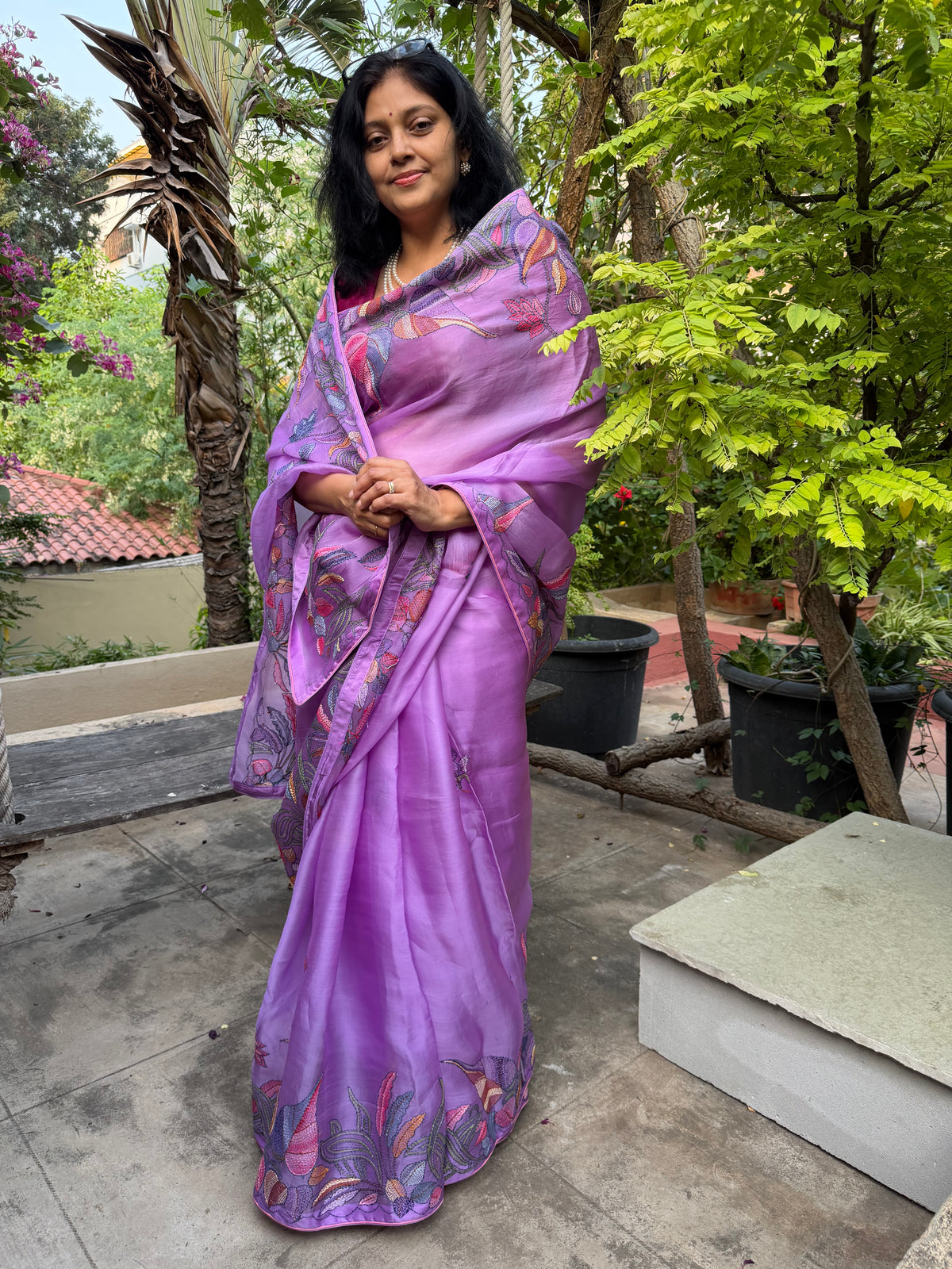 Pure Satin Silk Organza With Kantha Hand Embroidery