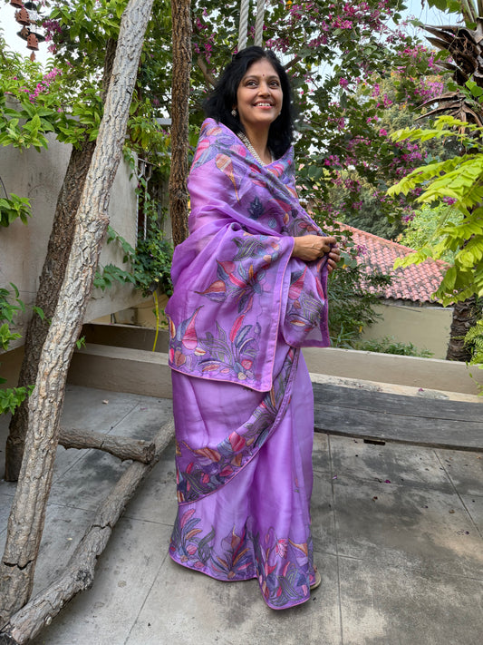 Pure Satin Silk Organza With Kantha Hand Embroidery