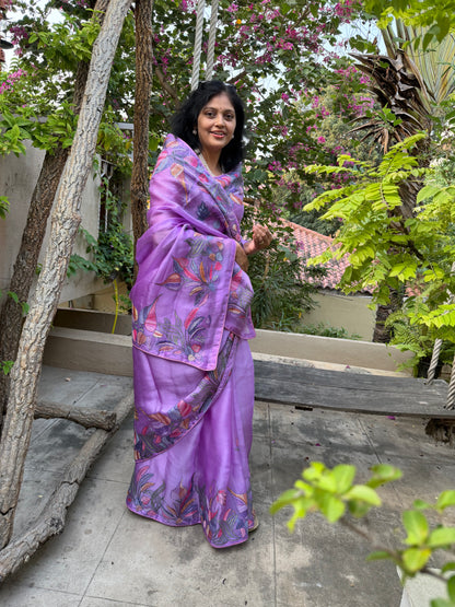 Pure Satin Silk Organza With Kantha Hand Embroidery