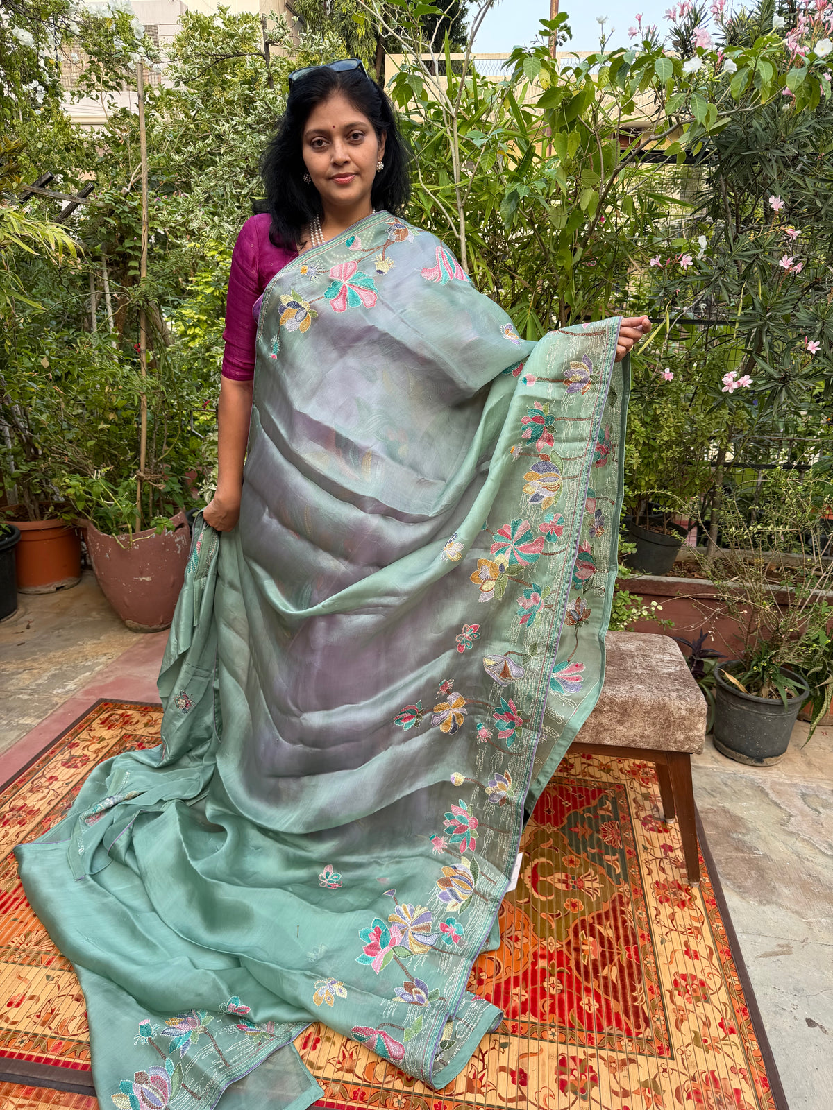 Pure Satin Silk Organza With Kantha Hand Embroidery