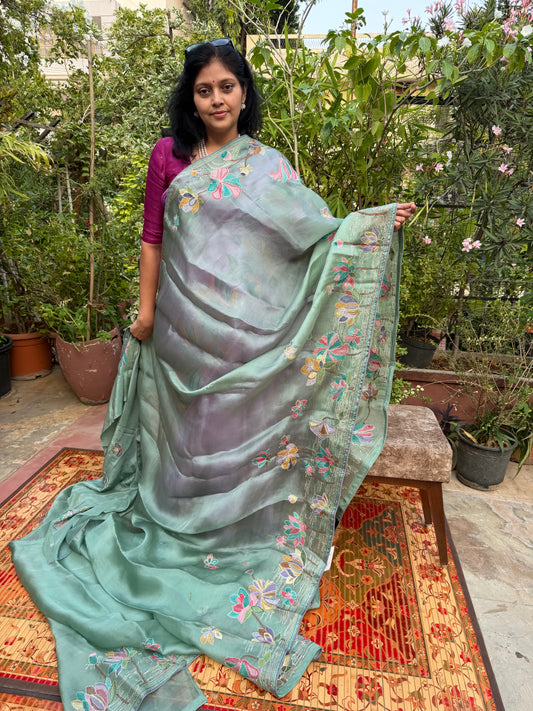 Pure Satin Silk Organza With Kantha Hand Embroidery