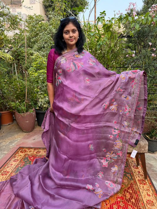 Pure Satin Silk Organza With Kantha Hand Embroidery