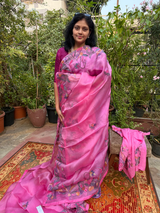 Pure Satin Silk Organza With Kantha Hand Embroidery