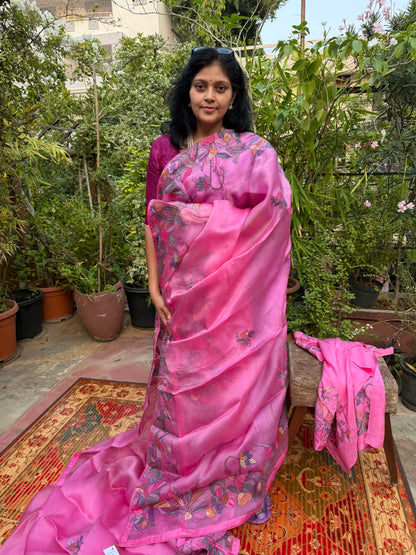 Pure Satin Silk Organza With Kantha Hand Embroidery