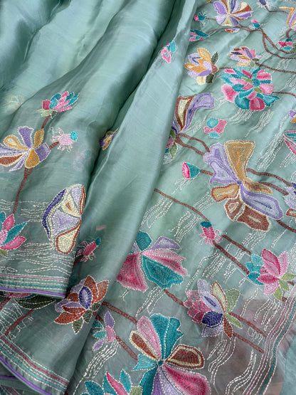 Pure Satin Silk Organza With Kantha Hand Embroidery