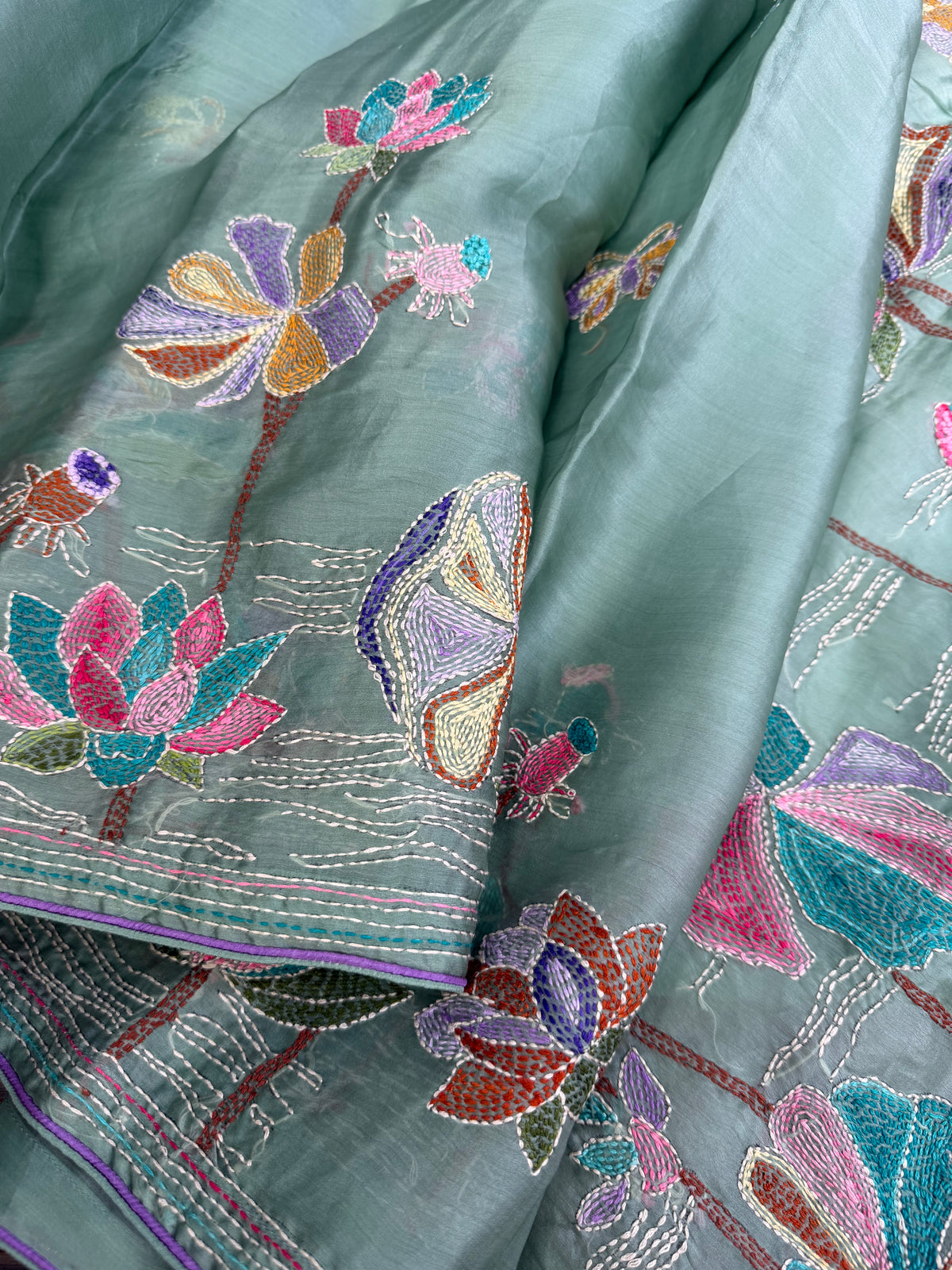 Pure Satin Silk Organza With Kantha Hand Embroidery