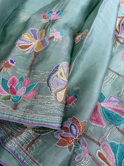 Pure Satin Silk Organza With Kantha Hand Embroidery
