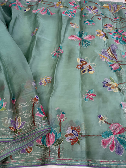 Pure Satin Silk Organza With Kantha Hand Embroidery