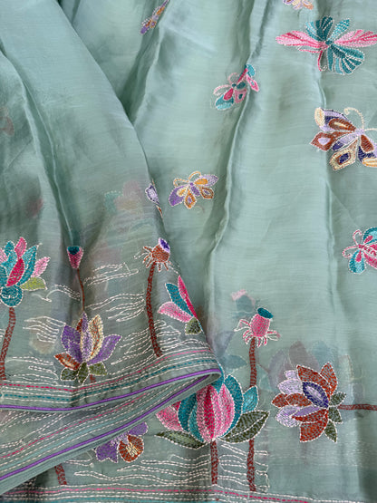 Pure Satin Silk Organza With Kantha Hand Embroidery