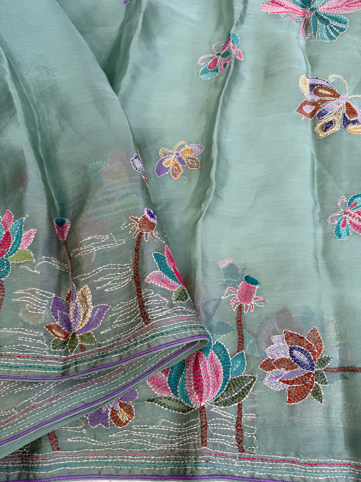 Pure Satin Silk Organza With Kantha Hand Embroidery