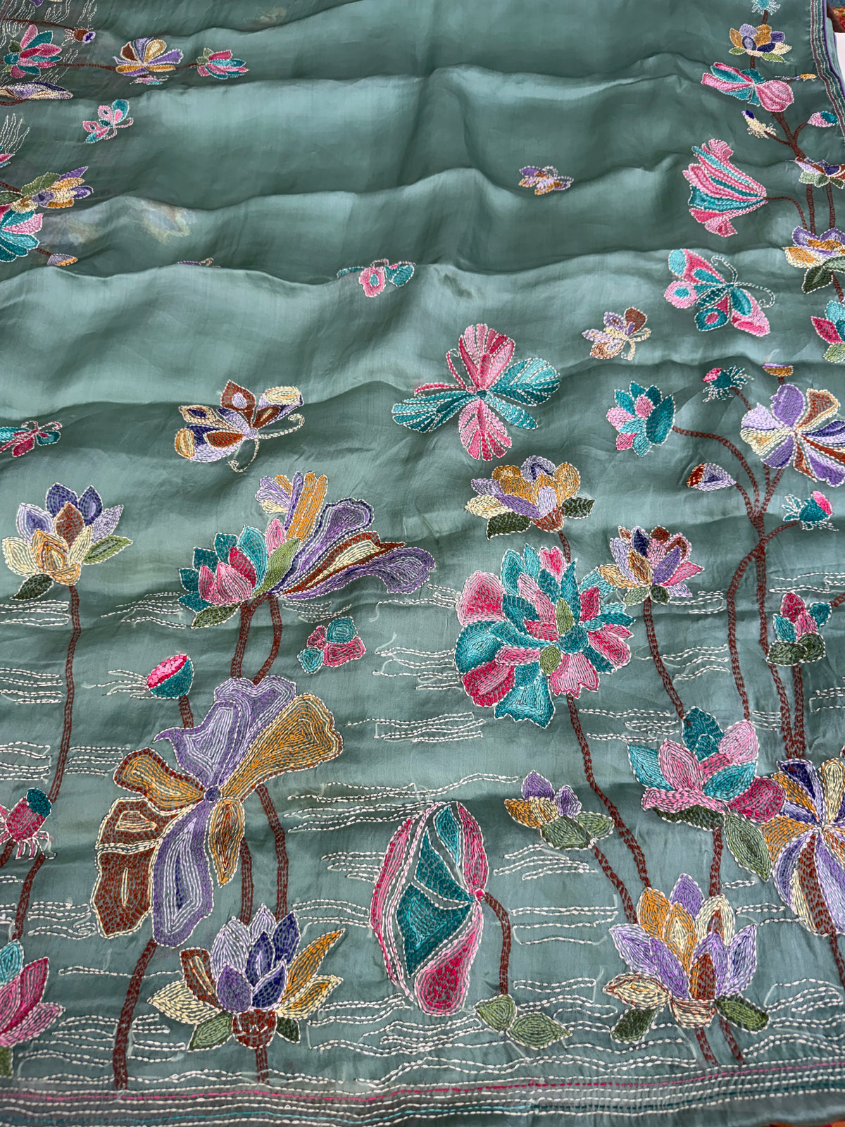 Pure Satin Silk Organza With Kantha Hand Embroidery