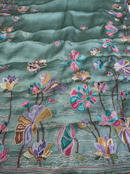 Pure Satin Silk Organza With Kantha Hand Embroidery