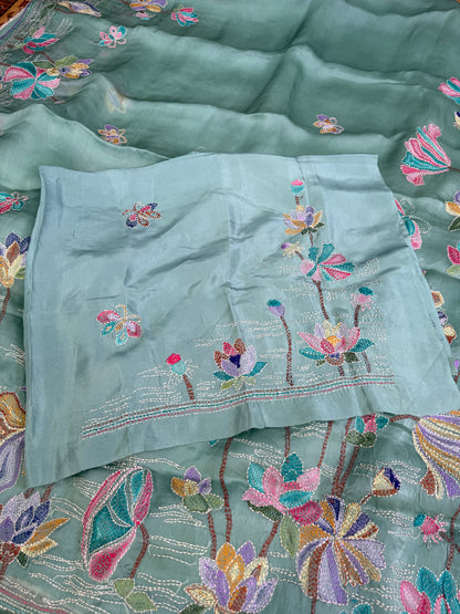 Pure Satin Silk Organza With Kantha Hand Embroidery