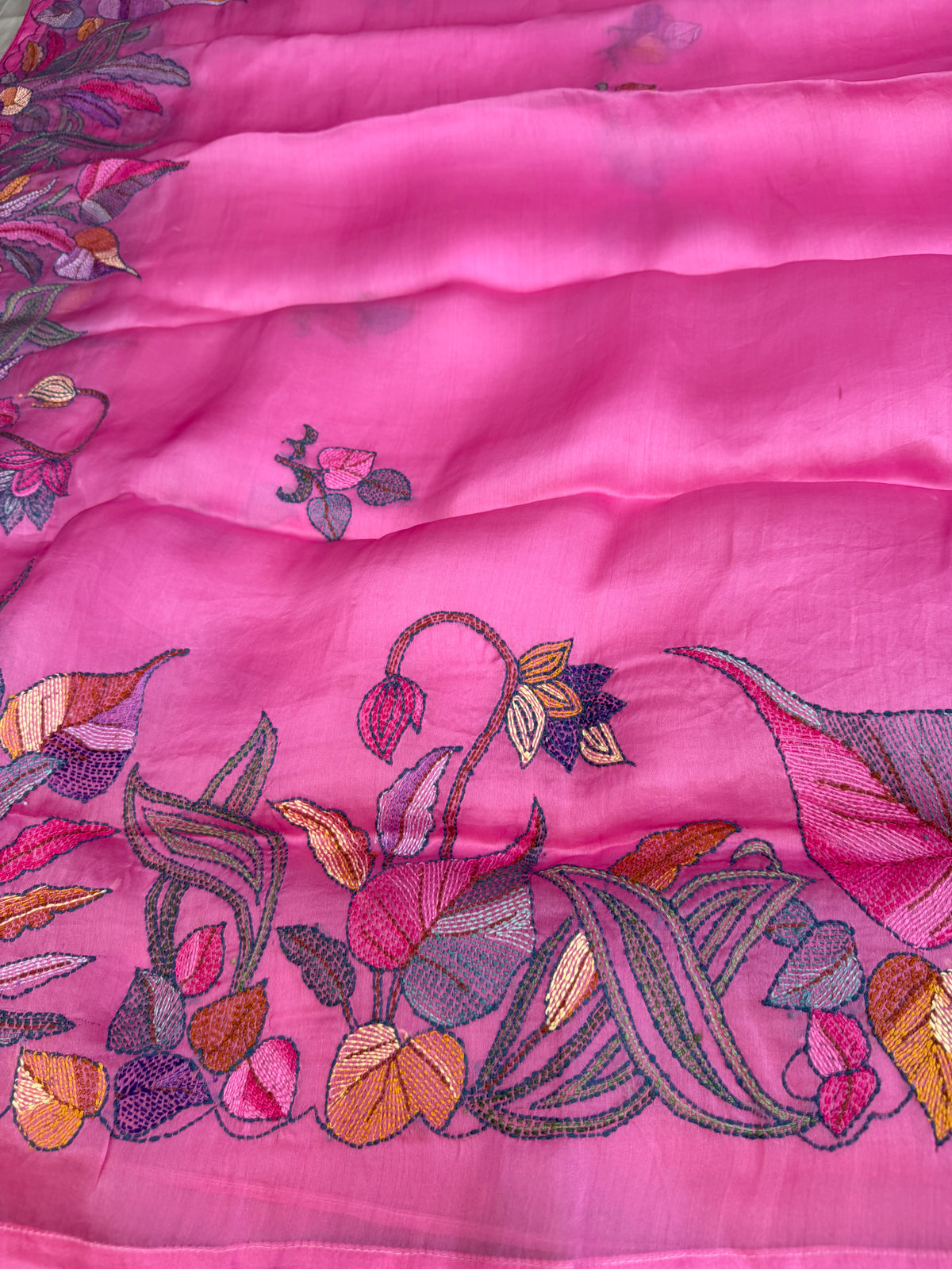 Pure Satin Silk Organza With Kantha Hand Embroidery