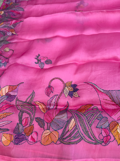 Pure Satin Silk Organza With Kantha Hand Embroidery