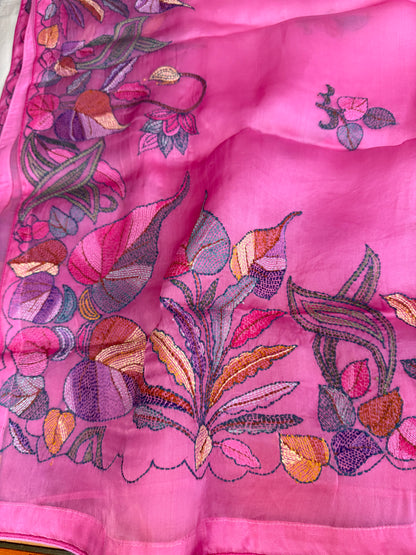 Pure Satin Silk Organza With Kantha Hand Embroidery