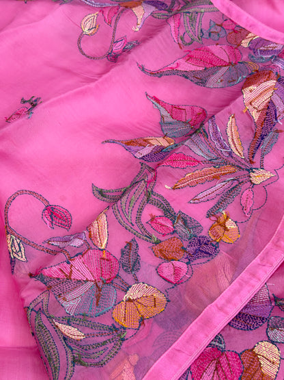 Pure Satin Silk Organza With Kantha Hand Embroidery