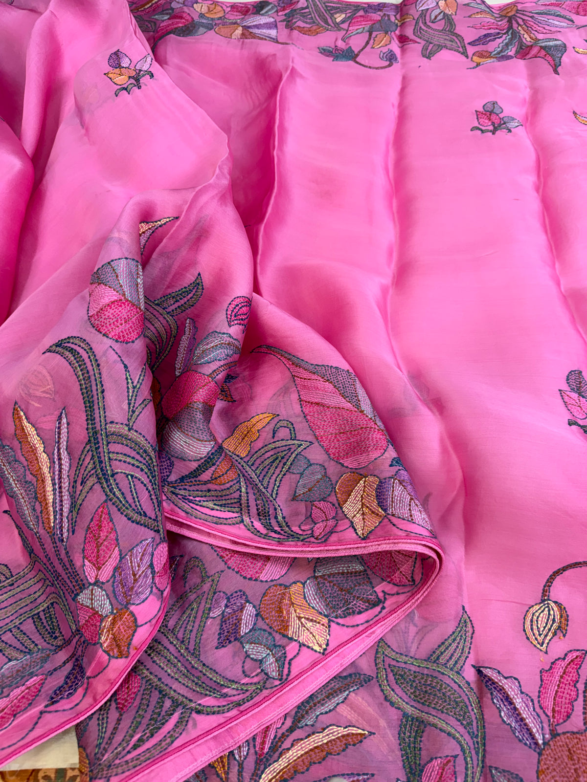 Pure Satin Silk Organza With Kantha Hand Embroidery