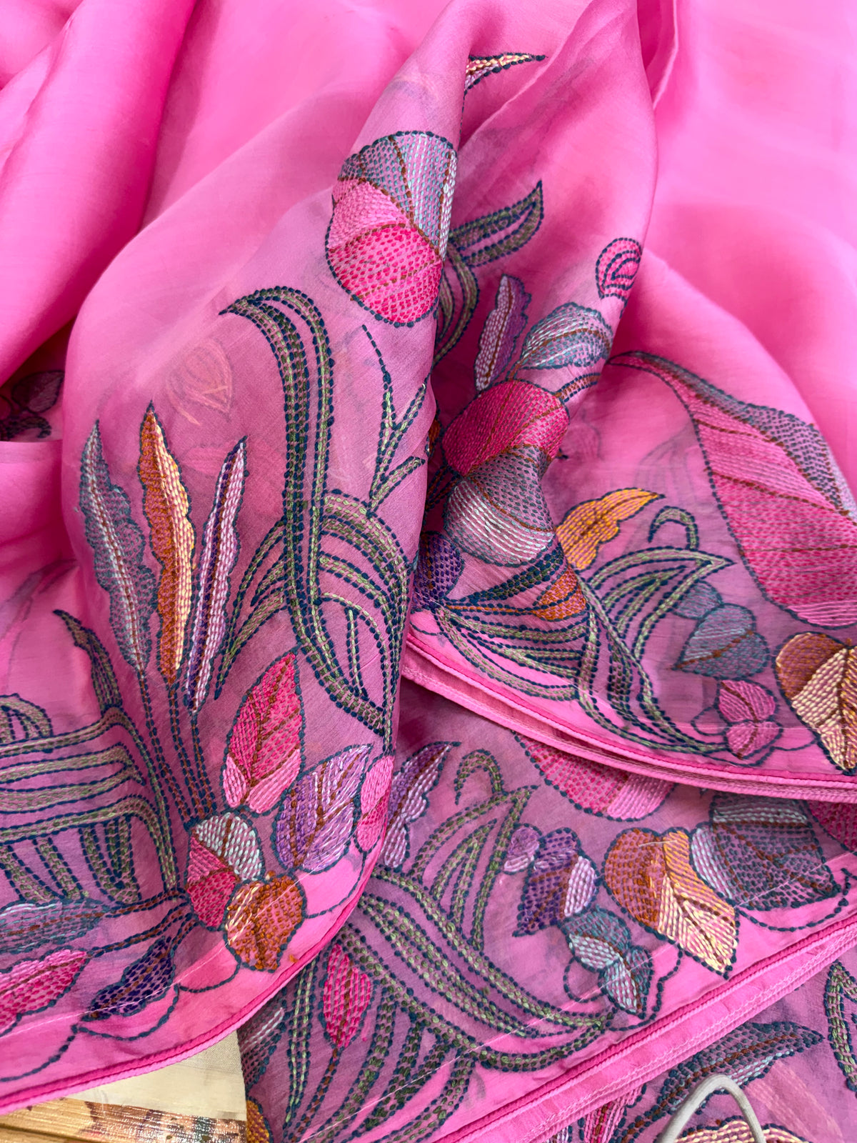 Pure Satin Silk Organza With Kantha Hand Embroidery