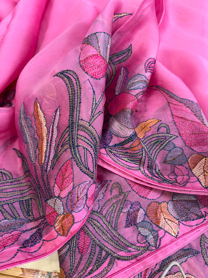 Pure Satin Silk Organza With Kantha Hand Embroidery