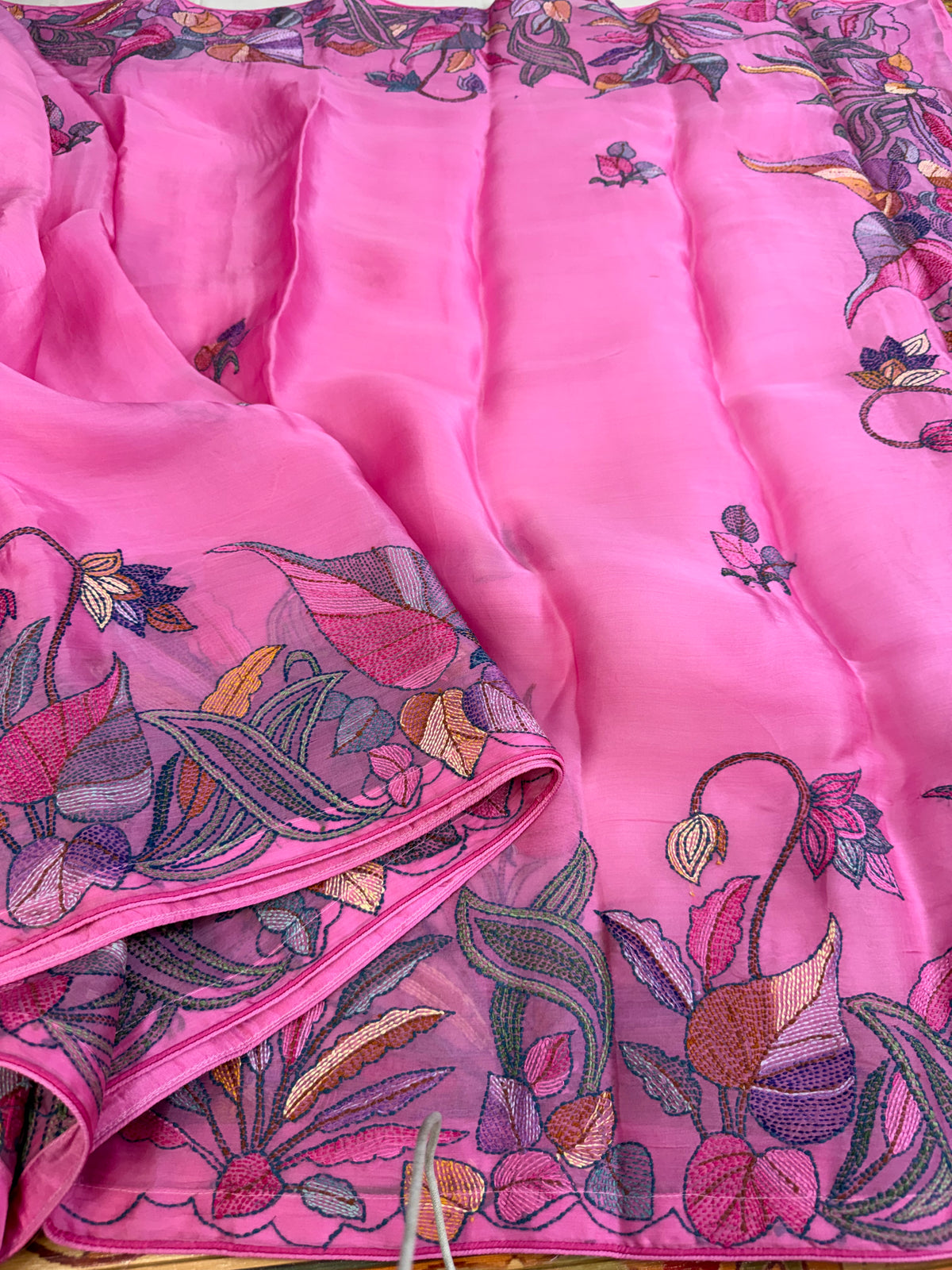 Pure Satin Silk Organza With Kantha Hand Embroidery