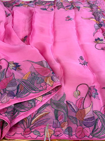Pure Satin Silk Organza With Kantha Hand Embroidery