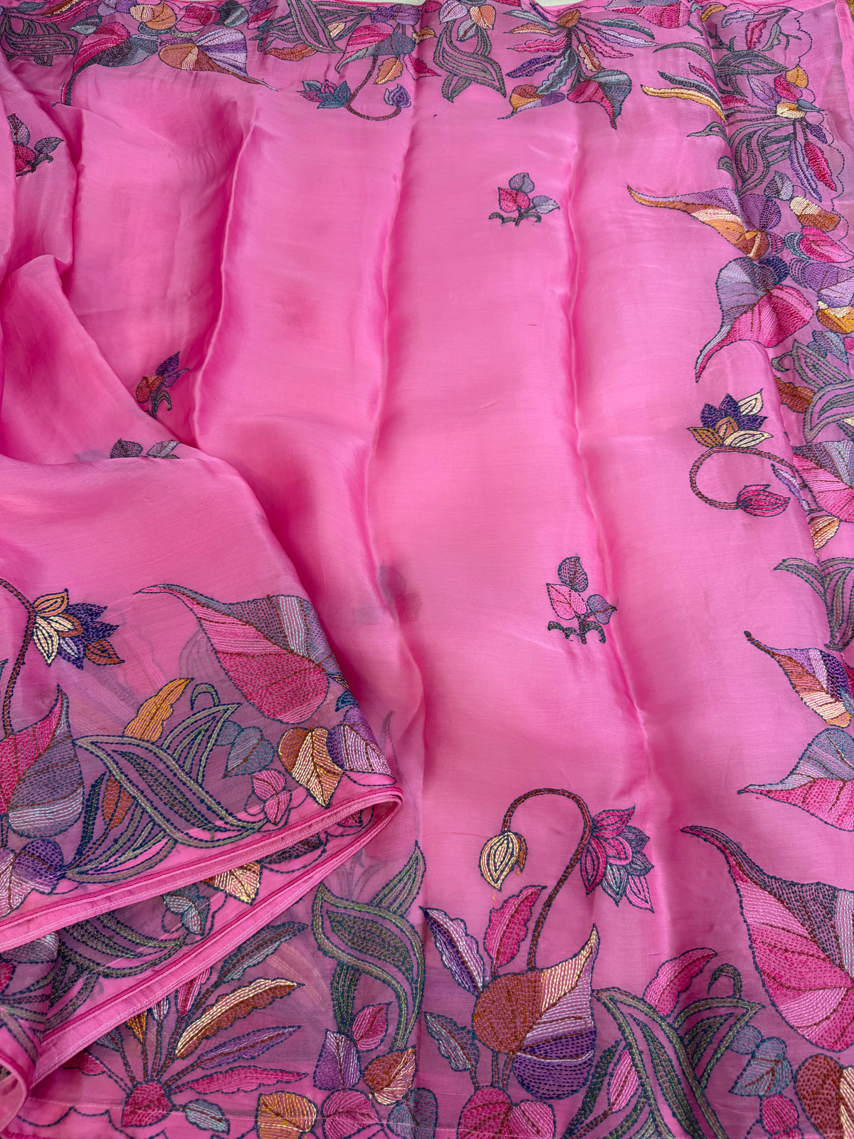 Pure Satin Silk Organza With Kantha Hand Embroidery