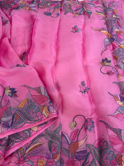 Pure Satin Silk Organza With Kantha Hand Embroidery