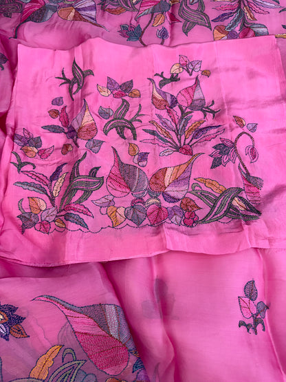 Pure Satin Silk Organza With Kantha Hand Embroidery