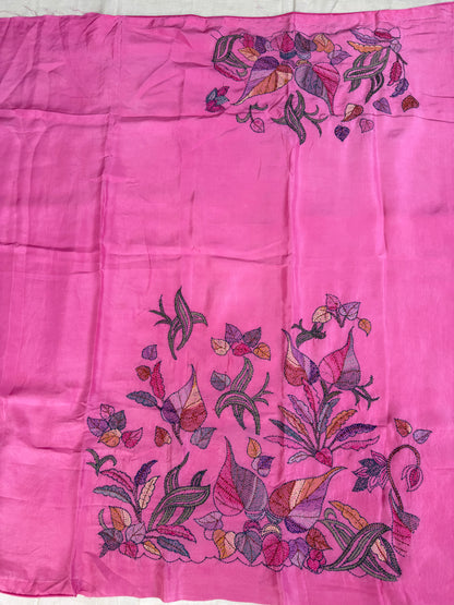 Pure Satin Silk Organza With Kantha Hand Embroidery