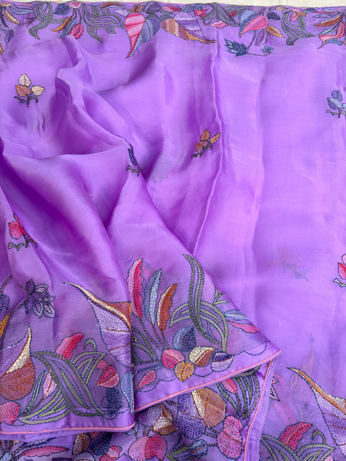Pure Satin Silk Organza With Kantha Hand Embroidery