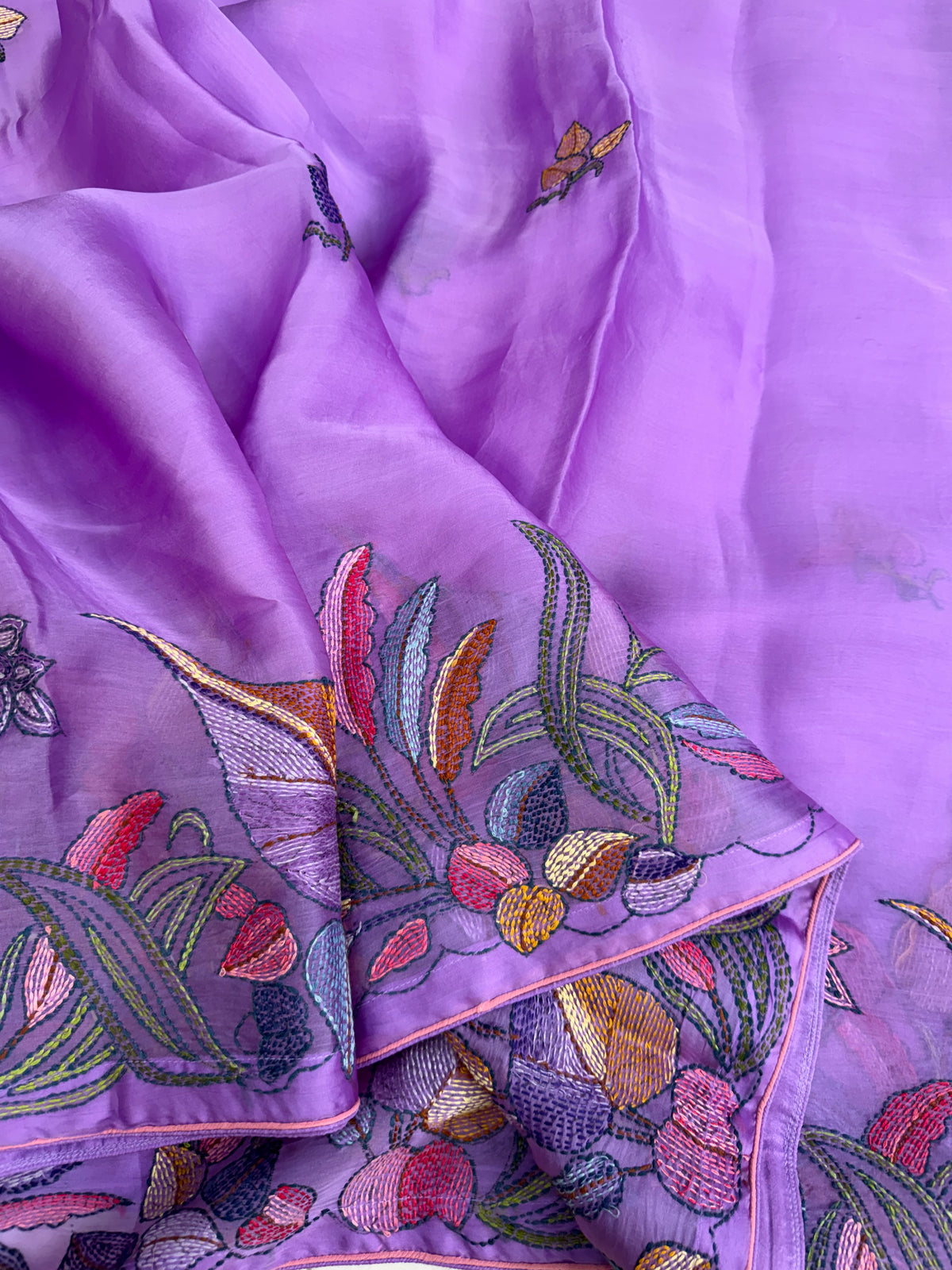 Pure Satin Silk Organza With Kantha Hand Embroidery