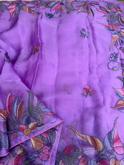 Pure Satin Silk Organza With Kantha Hand Embroidery