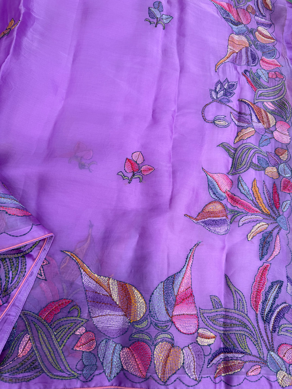 Pure Satin Silk Organza With Kantha Hand Embroidery