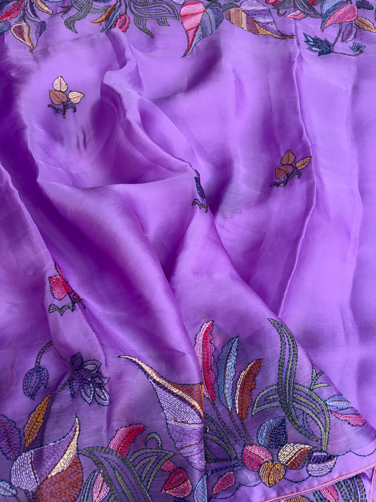 Pure Satin Silk Organza With Kantha Hand Embroidery