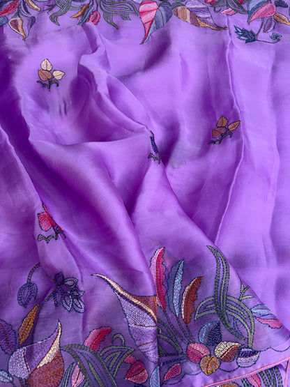 Pure Satin Silk Organza With Kantha Hand Embroidery