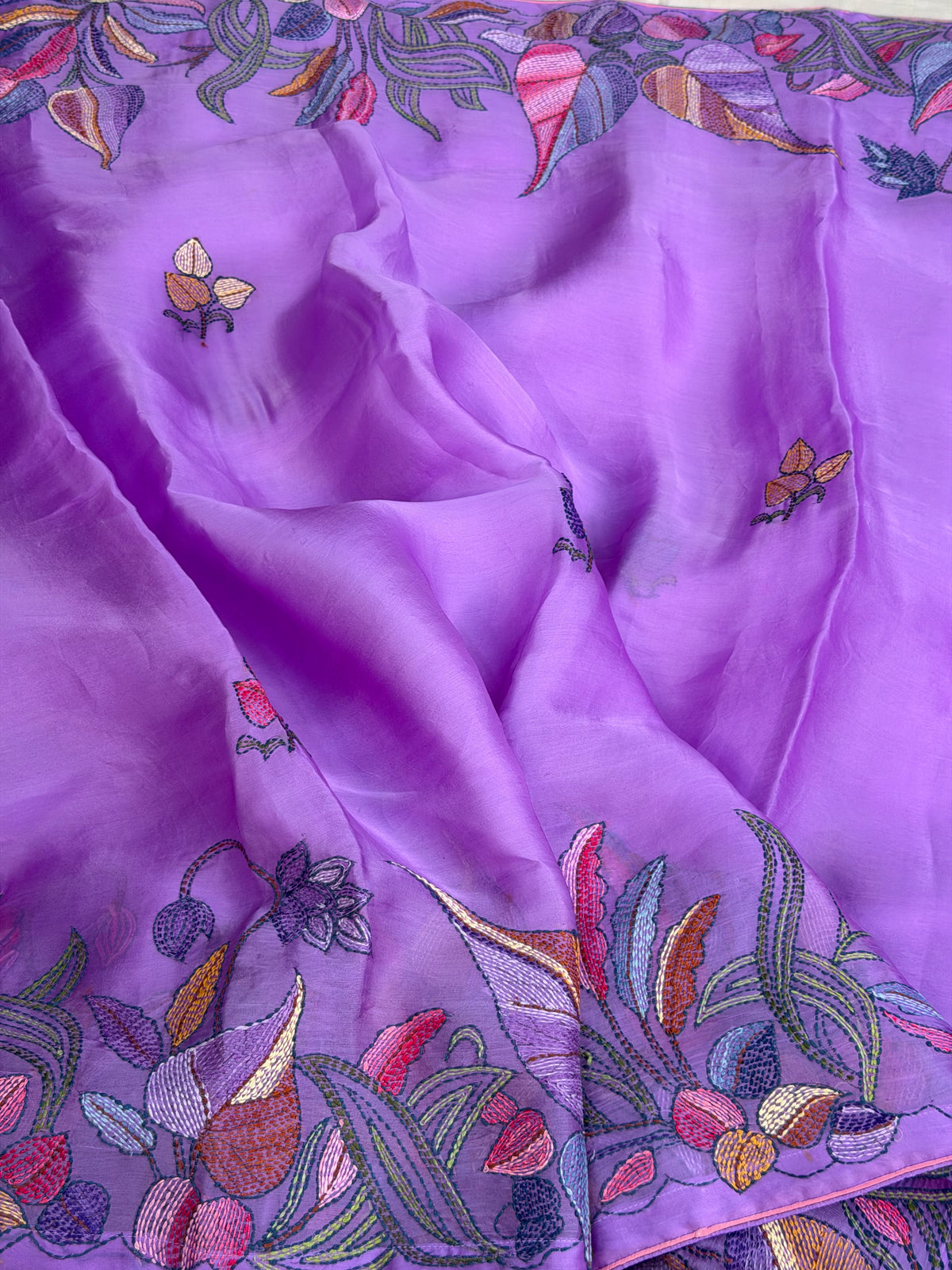 Pure Satin Silk Organza With Kantha Hand Embroidery