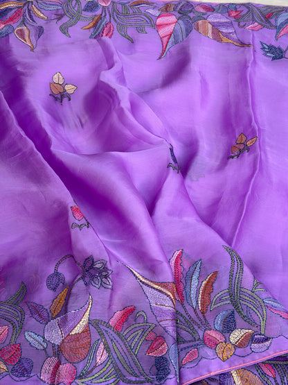 Pure Satin Silk Organza With Kantha Hand Embroidery