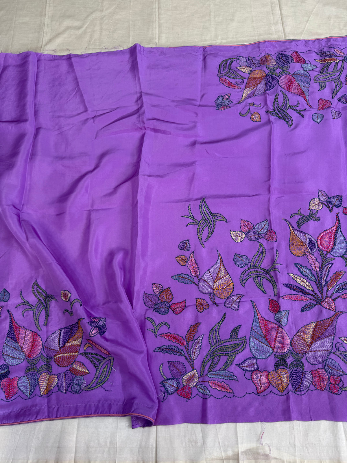 Pure Satin Silk Organza With Kantha Hand Embroidery