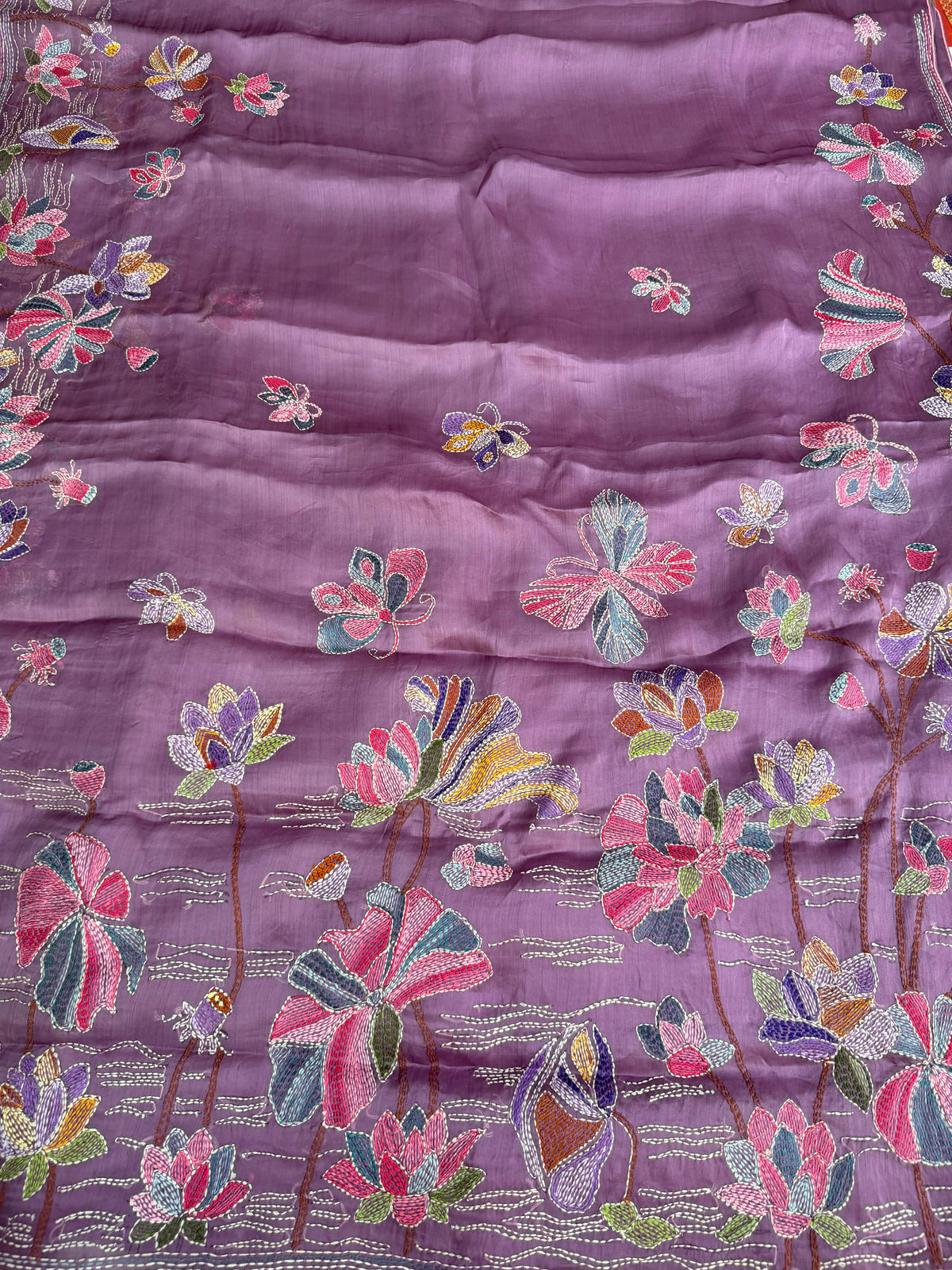 Pure Satin Silk Organza With Kantha Hand Embroidery