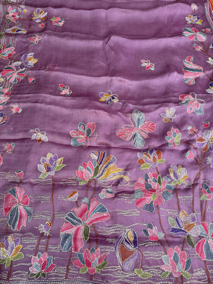Pure Satin Silk Organza With Kantha Hand Embroidery
