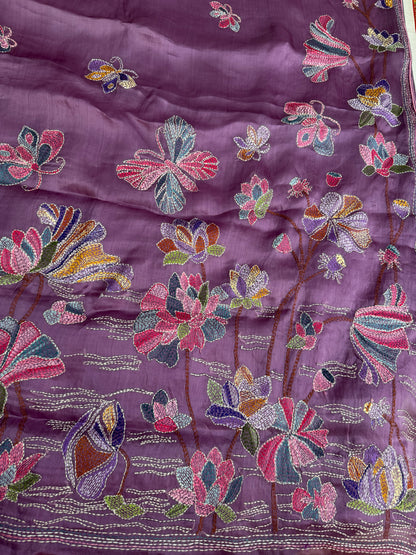 Pure Satin Silk Organza With Kantha Hand Embroidery