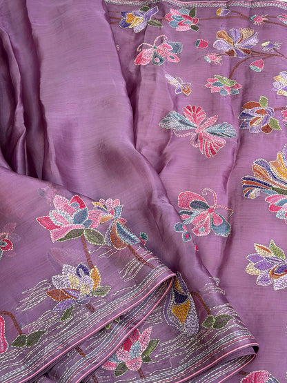 Pure Satin Silk Organza With Kantha Hand Embroidery
