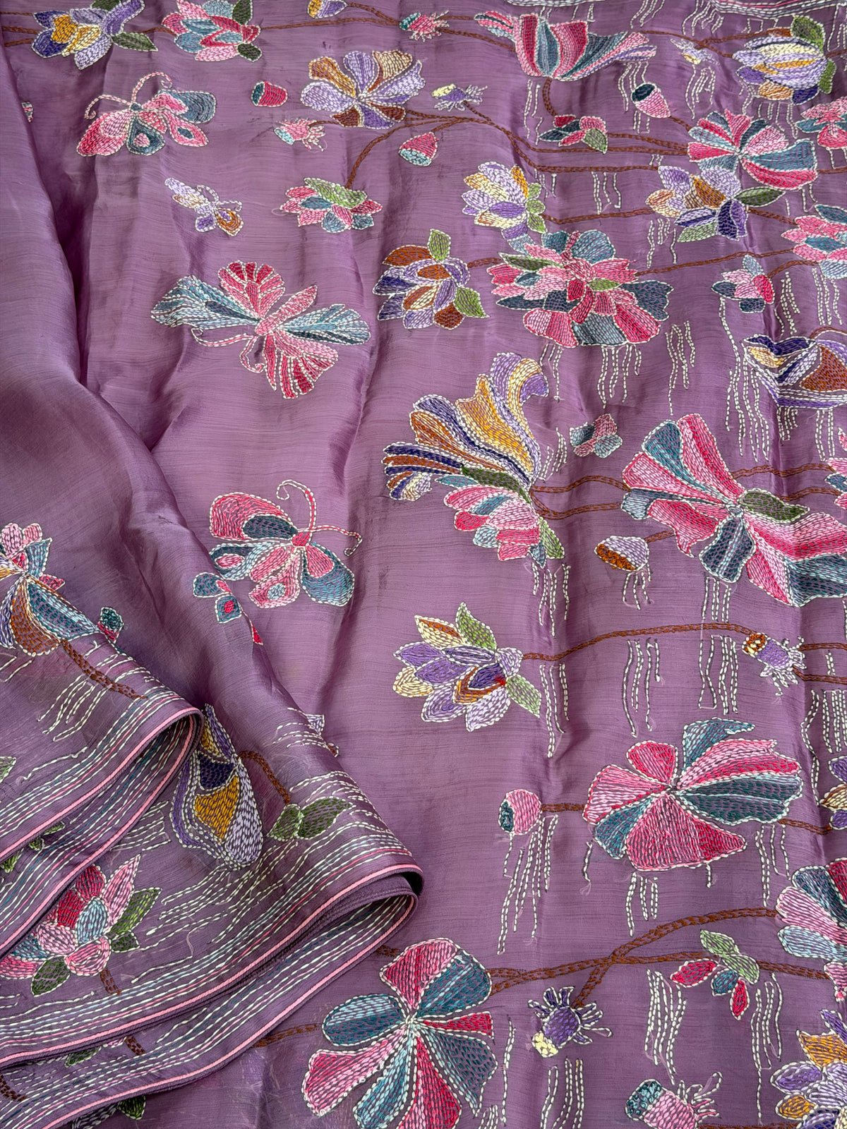 Pure Satin Silk Organza With Kantha Hand Embroidery