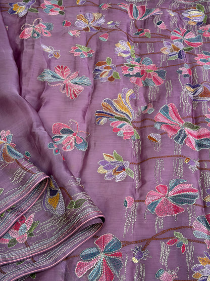 Pure Satin Silk Organza With Kantha Hand Embroidery
